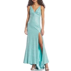 Spaghetti Strap V-Neck Glitter Sherri Shine Slit Hem Long Dress